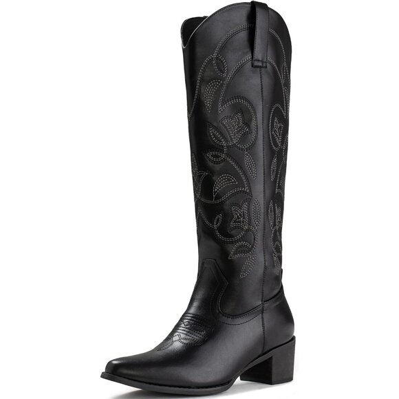Women's Black 1 Pointy Toe Faux Leather Western Cowgirl Mid Calf Boots - Picture 1 of 6